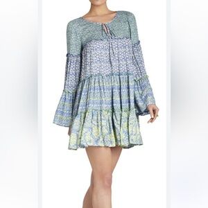 BCBG Maxazria Floral Blue Green Tired Flowy Boho Susie Dress